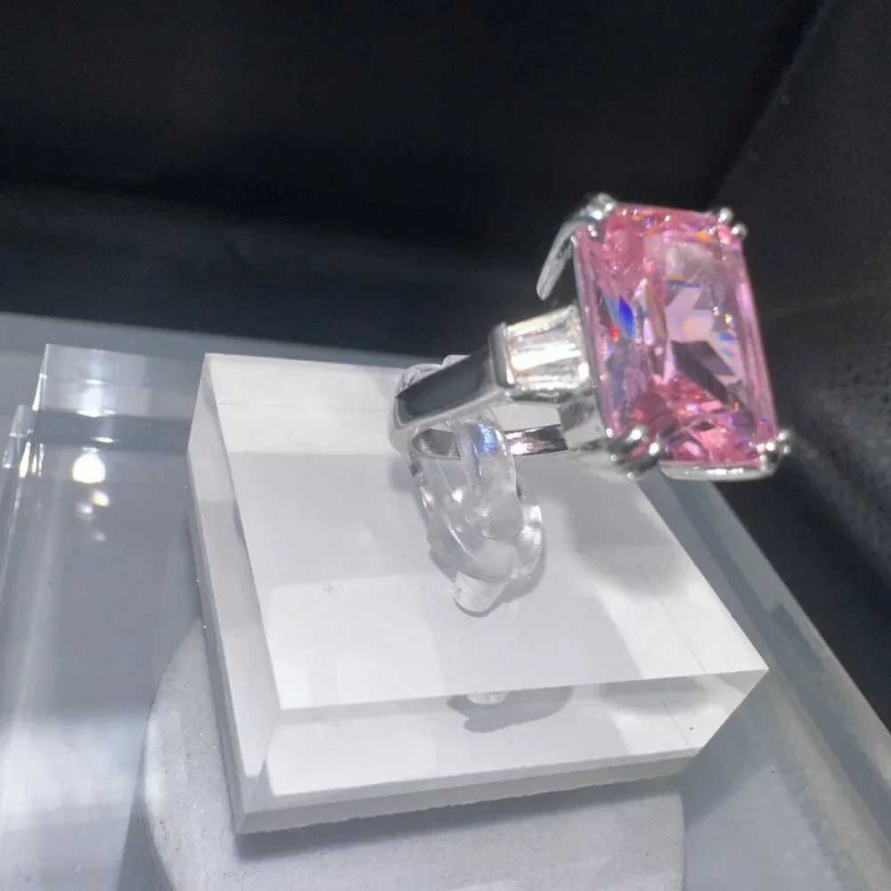 Pink Cubic Zirconia Silver Emerald Cut Ring